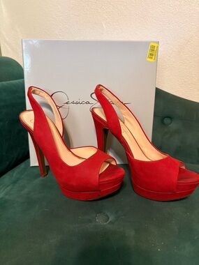 Abella Red Suede Peep-Toe Platform Slingback Heels